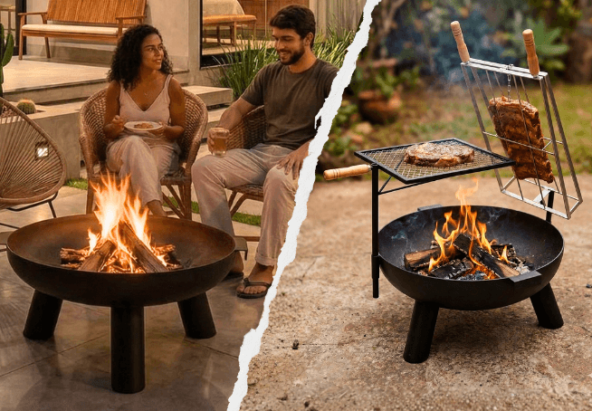 Lareira e churrasqueira em uso duplo: ambiente com fogo para aquecimento e, no mesmo equipamento, grelha e espetos para churrasco
